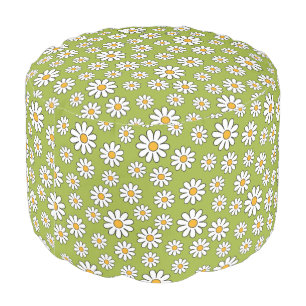 Green and White Floral Daisy Pattern Pouf