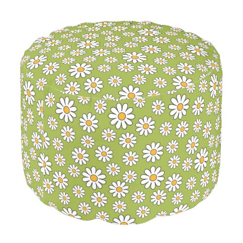 Green and White Floral Daisy Pattern Pouf