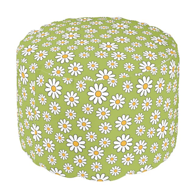 Green and White Floral Daisy Pattern Pouf (Angled Back)