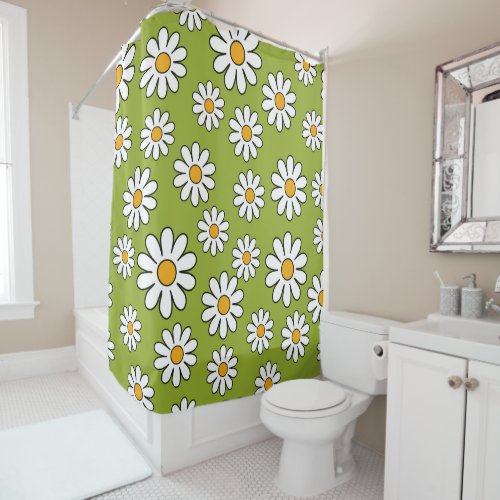 Green and White Floral Daisy Pattern Shower Curtain