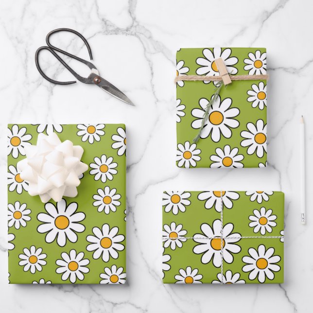 Green and White Floral Daisy Pattern Wrapping Paper Sheets (Front)
