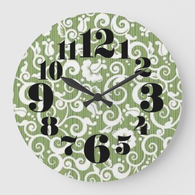 Green and White Floral Flourish Large Clock (Front)