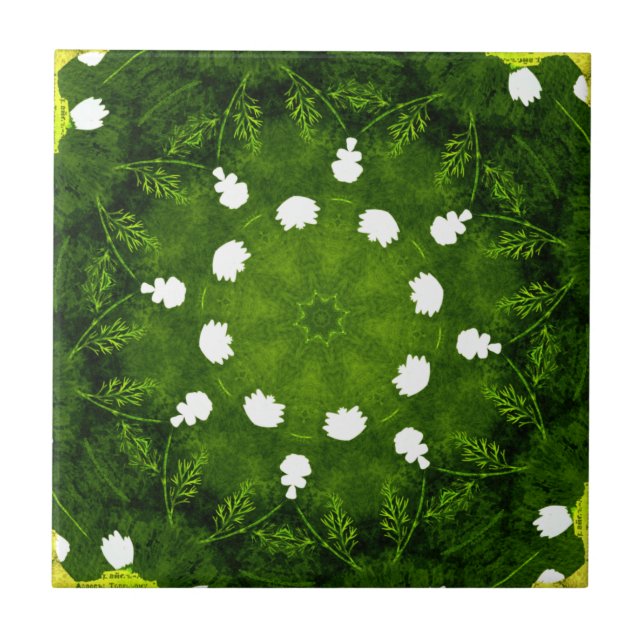 Green and white Floral Flowers Ceramic Tile (Front)
