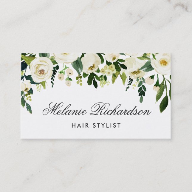 Green and White Floral Hair Stylist Appointment B Card (Front)