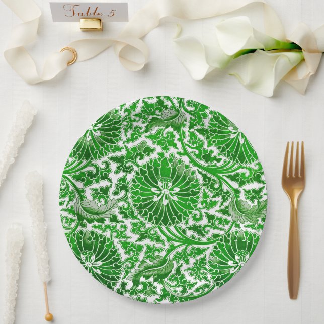 Green and White Floral Pattern Paper Plates (Wedding)