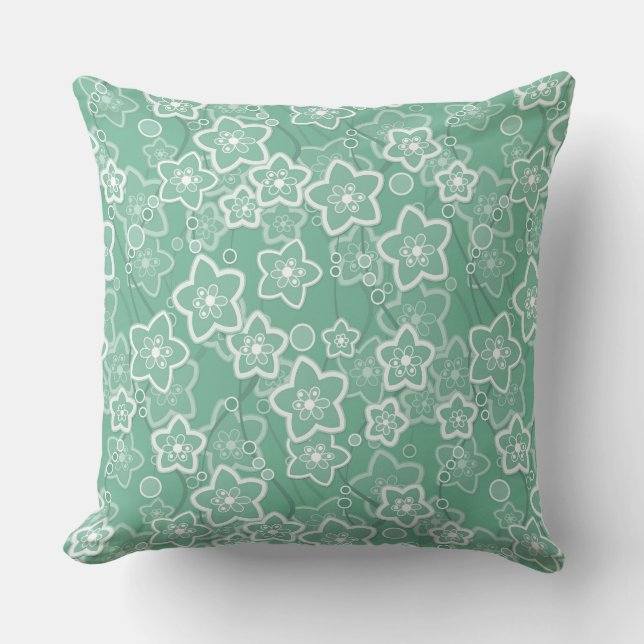 green and white floral pattern retro sixties throw pillow (Front)