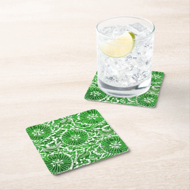 Green and White Floral Pattern Square Paper Coaster (Insitu)