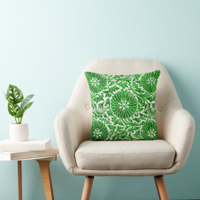 Green and White Floral Pattern Throw Pillow (Chair)