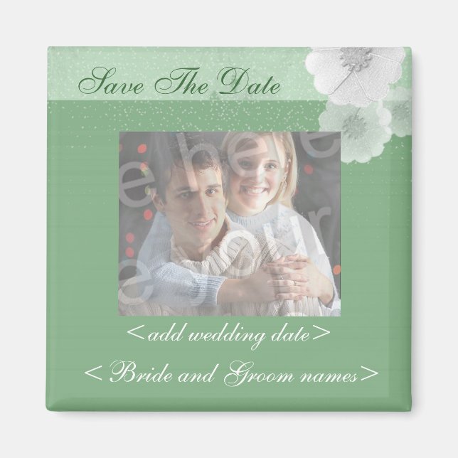 Green And White Floral Save The Date Photo Magnet (Front)