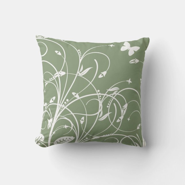 Green and White Floral Throw Pillow (Front)