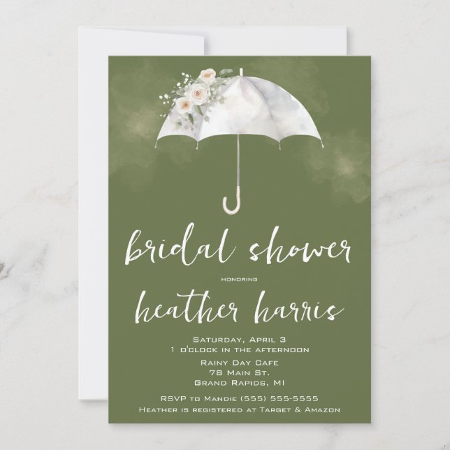 Green and White Floral Umbrella Bridal Shower Invitation (Front)