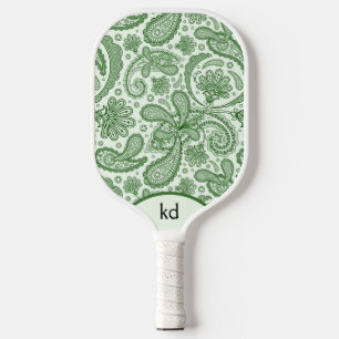 Green And White Floral Vintage Paisley Monogram Pickleball Paddle
