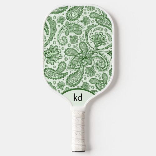 Green And White Floral Vintage Paisley Monogram Pickleball Paddle