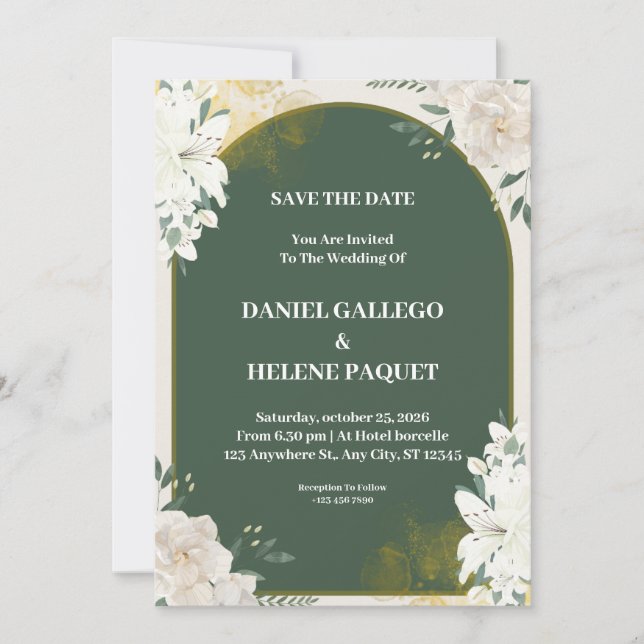 Green and White Floral Wedding Invitation (Front)