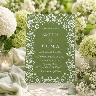 Green and White Floral Wedding Invitation
