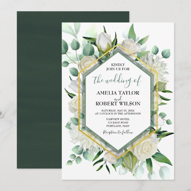 Green and White Floral with Gold Frame Invitation (Front/Back)
