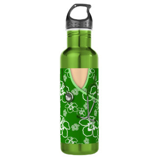 Green And White Flowers Turtles Medical Scrubs Water Bottle