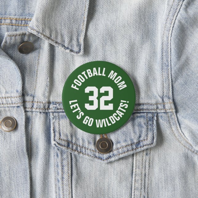 Green and White Football Mom Jersey Number Button (In Situ)