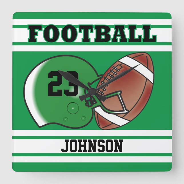 Green and White Football Sport | Personalize Square Wall Clock (Front)