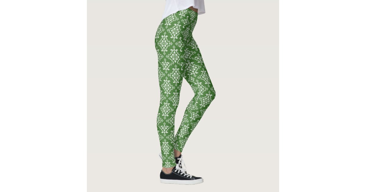 Green And White Geometric & Floral Patterned Leggings | Zazzle