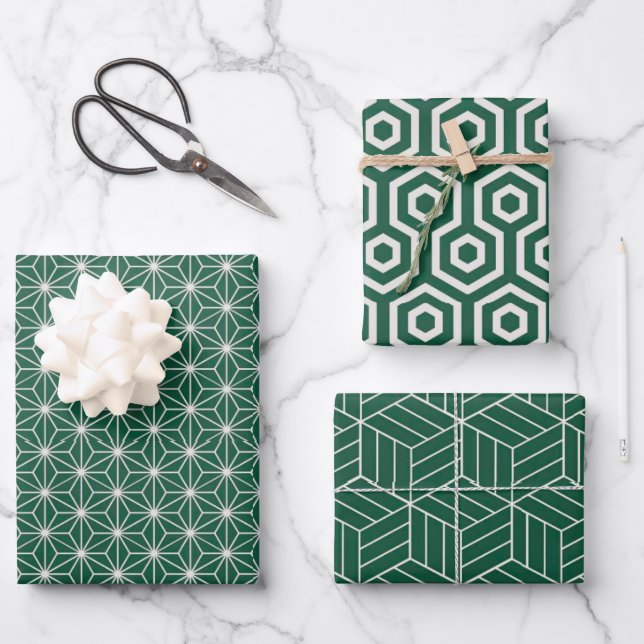 Green and White Geometric Pattern |  Wrapping Paper Sheets (Front)