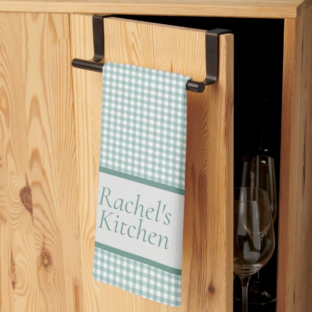  Green and White Gingham Check Personalized Kitchen Towel (Thirds Fold)