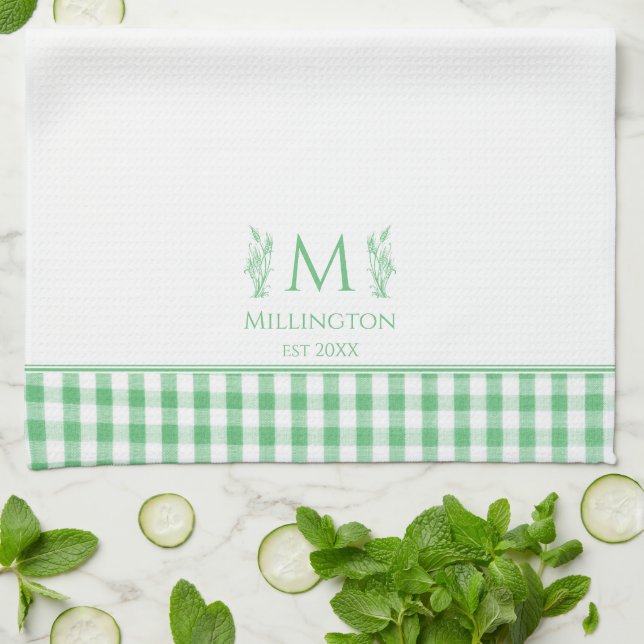 Green and White Gingham Custom Name Monogram Kitchen Towel (Folded)