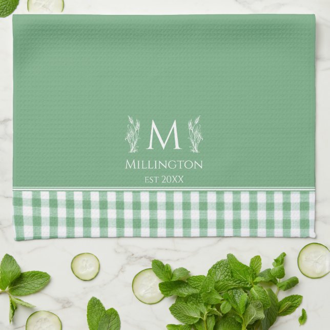 Green and White Gingham Custom Name Monogram Kitchen Towel (Folded)