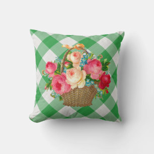Green and White Gingham Floral Vintage Country Throw Pillow