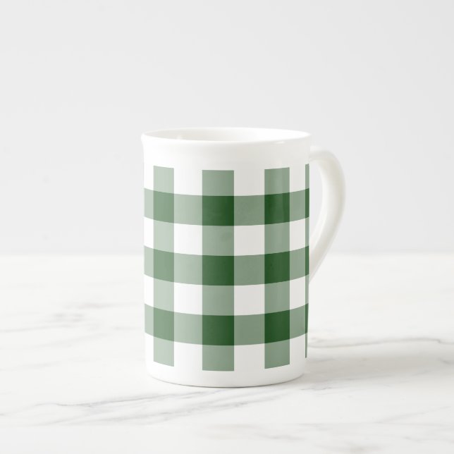 Green and White Gingham Pattern Bone China Mug (Front Right)
