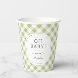 Green and White Gingham Pattern Oh Baby Shower Paper Cups