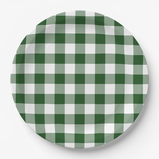 Green and White Gingham Pattern Paper Plates (Front)