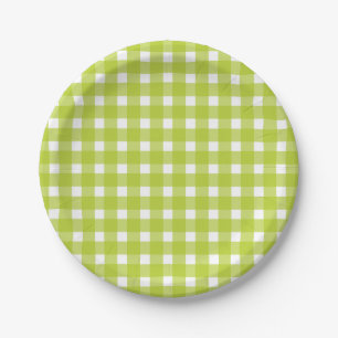 Green and White Gingham Plaid Checks Wedding Party Paper Plates