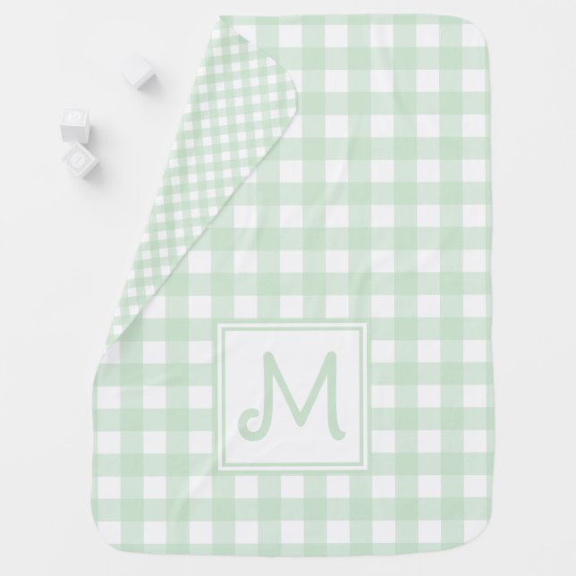 Green and White Gingham Plaid Monogram Baby Blanket (In Situ)
