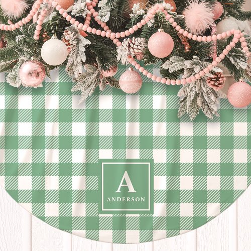 Green And White Gingham Plaid Monogram Brushed Polyester Tree Skirt