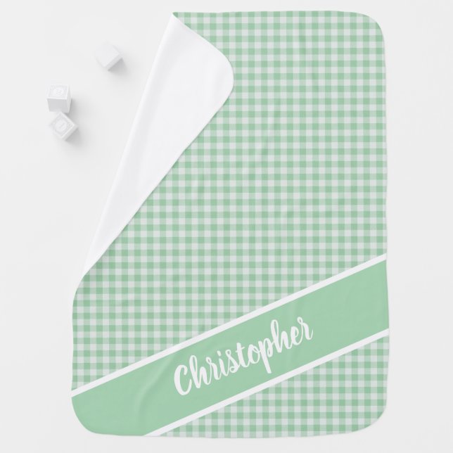 Green and white gingham plaid with a name baby blanket (In Situ)