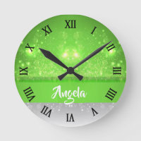 Green and white glitter print round clock