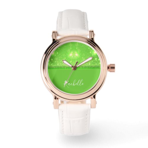 Green and white glitter print watch