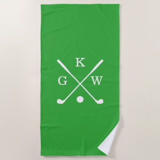 Green and White Golf Clubs Monogram Golf Beach Towel