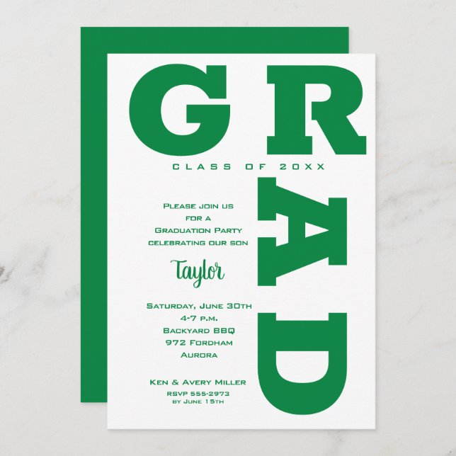 Green and White Graduation Party Invitation (Front/Back)