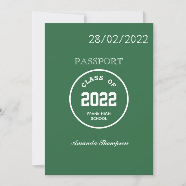 Green and White Graduation Passport Photo Invitation (Front)