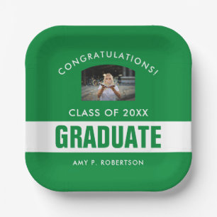 Green and White Graduation Personalized Photo Paper Plates