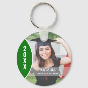 Green and White Graduation Photo Custom Keychain