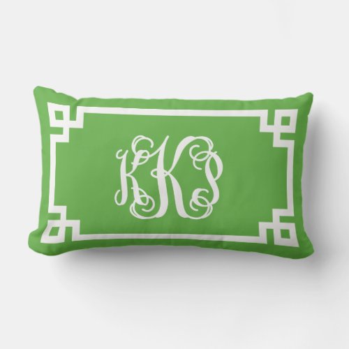 Green and White Greek Key Script Monogram Lumbar Pillow