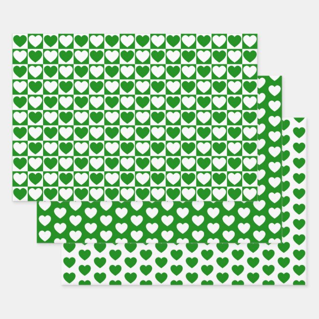 Green and White Hearts Wrapping Paper Sheets (Set)