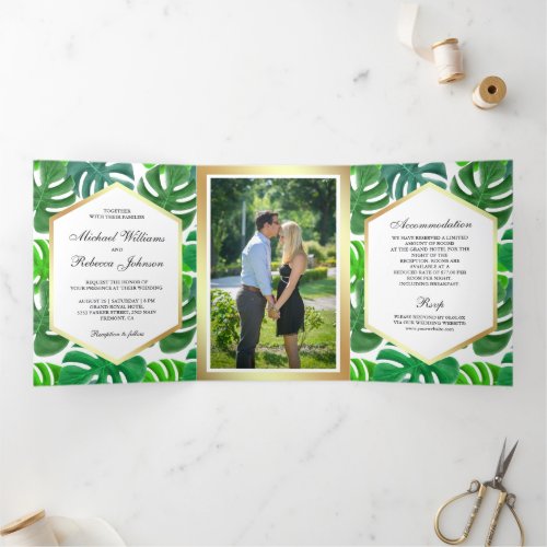 Green and White Hexagon Monstera Tropical Wedding Tri_Fold Invitation