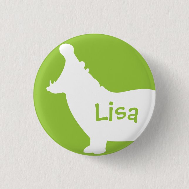 Green and White Hippo Custom Monogram Pinback Button (Front)