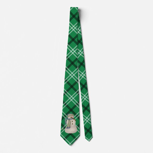 Green and White Holiday Plaid Snowman   Neck Tie (Front)