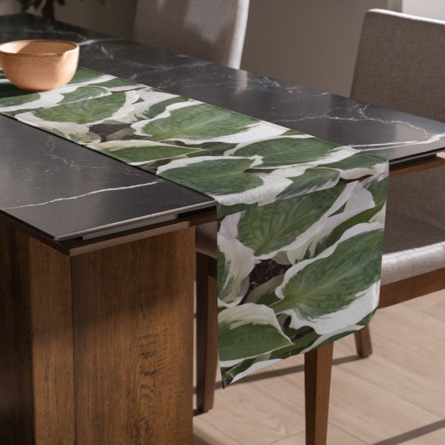 Green and White Hosta Leaves Floral Short Table Runner (In Situ)