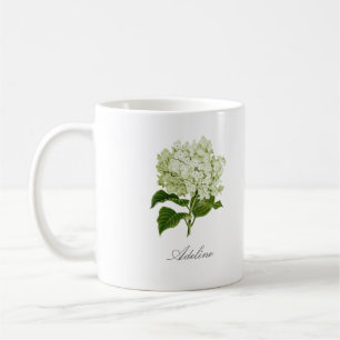 Green and White Hydrangea Flower and Custom Name Coffee Mug